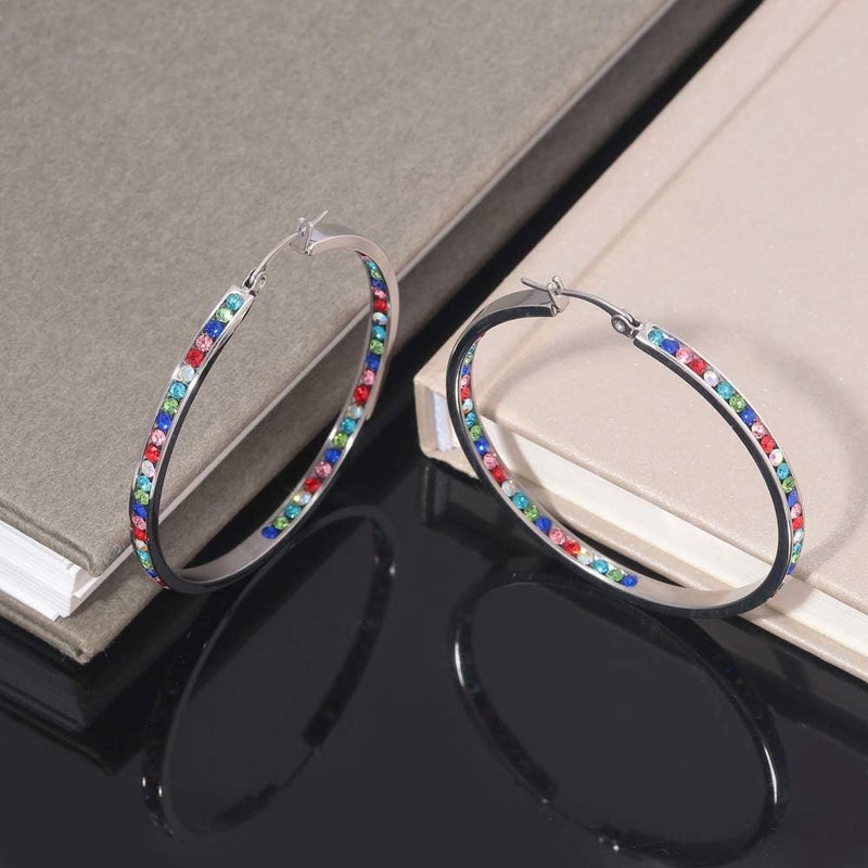 CiNily Mult-colors Crystal Stainless Steel Hoop Earring for Women Hypoallergenic Jewelry for Sensitive Ears Large Big Hoop Earrings 2" - Image 4